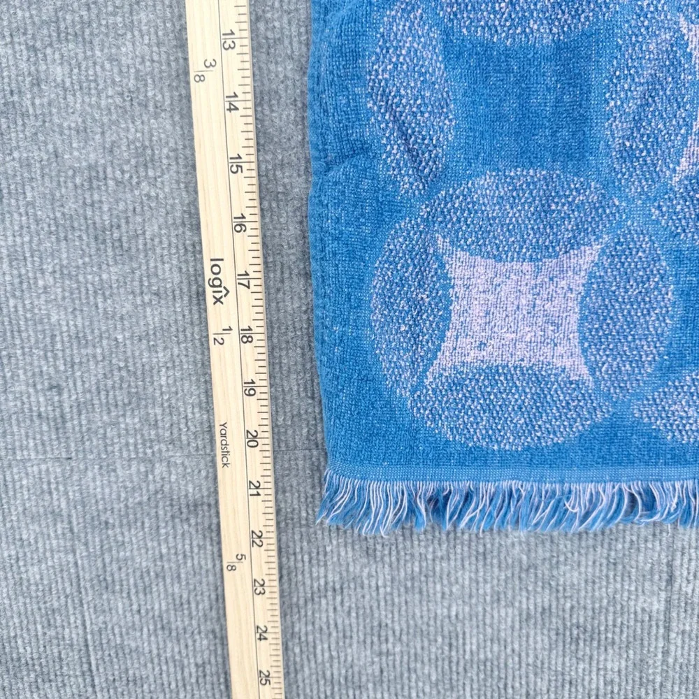 Vintage Sears Drylon Towel Set Blue Lavender Geometric Circle Fringe MCM 2pc